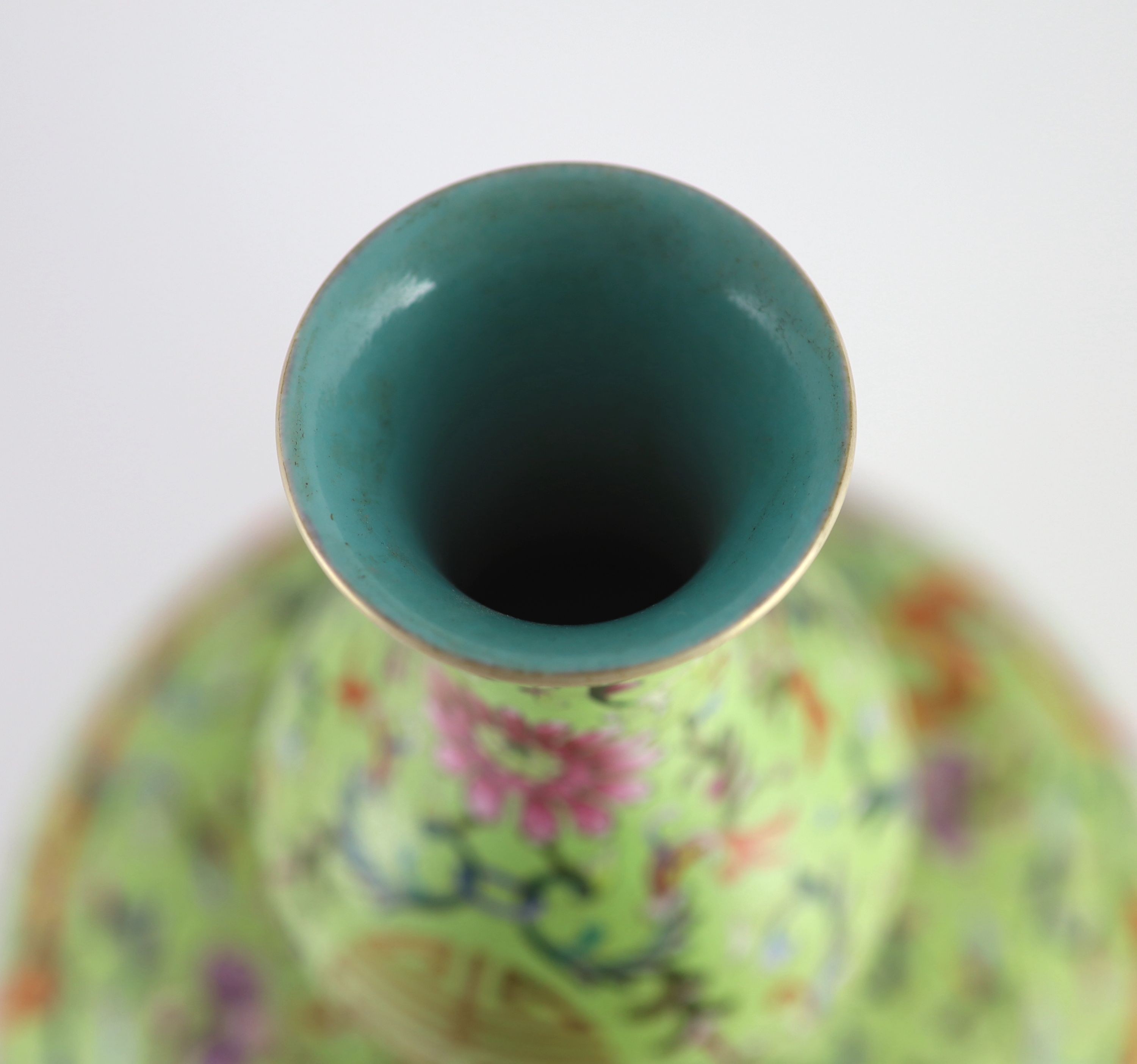 A Chinese lime green sgraffito ground double gourd vase, Qianlong mark but later, 40cm high